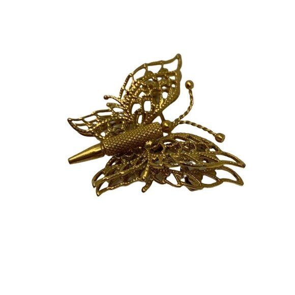 Vintage MONET Butterfly Brooch Gold Tone Double Wings Filigree Pin GrannyCore - Picture 8 of 10